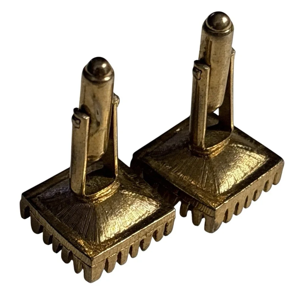 Smoky Gray Cufflinks Large Crystal‎ Rhinestone Gold Tone VTG Square Ridged Edges